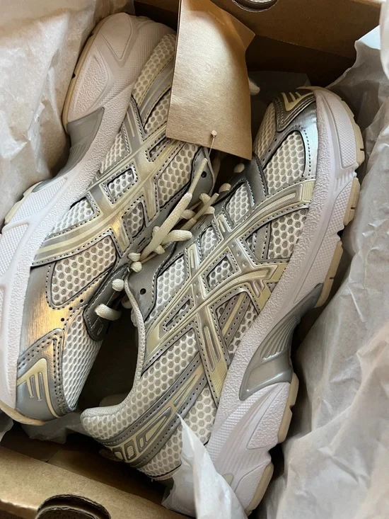 ASICS White, Silver and Cream Mesh Running Sneakers - Picture 1 of 3